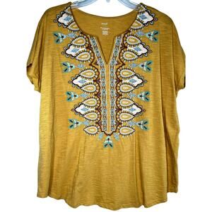 Pure Jill cap sleeve embroidered V-neck T-shirt, mustard yellow, size XL